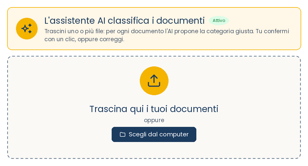 L'assistente AI di OpenCloud: trascini i documenti e per ognuno viene proposta la categoria giusta, tu confermi con un clic